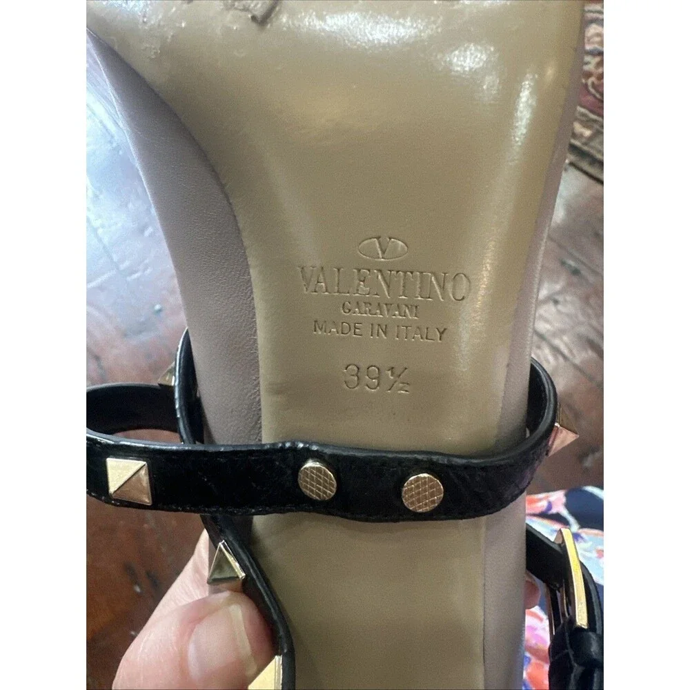 Valentino Rockstud Nude Leather Heels Black Studded ankle wrap Pointed Toe 39.5 - Picture 12 of 16